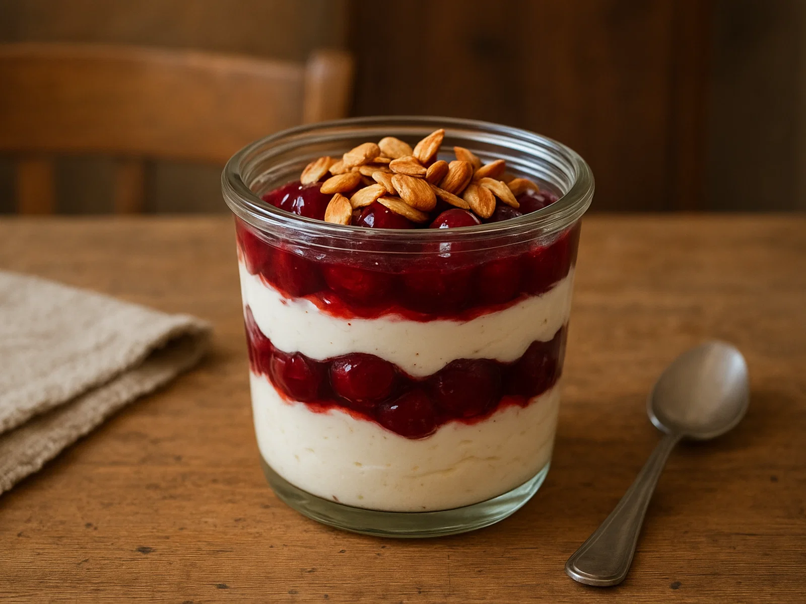 Kirsch-Quark-Dessert im Glas mit gerösteten Mandeln