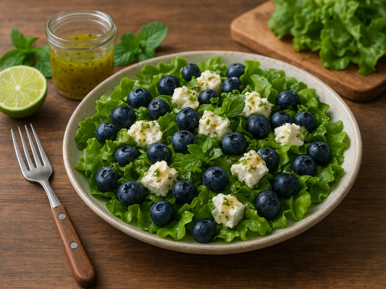 Heidelbeer-Ziegenkäse-Salat mit Honig-Minz-Dressing