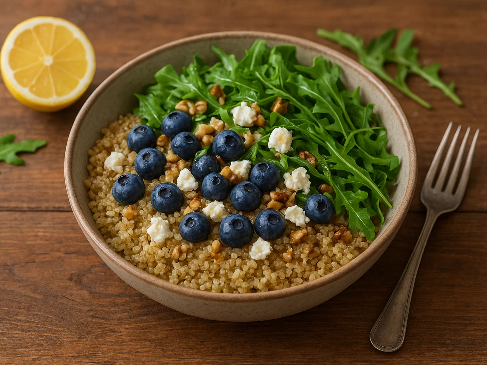 Quinoa-Bowl mit Heidelbeeren, Feta und Rucola