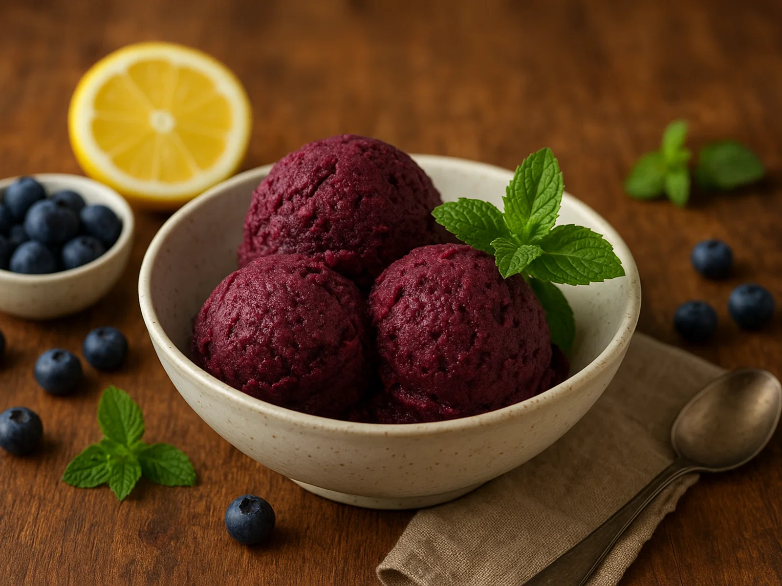 Erfrischendes Heidelbeer-Minz-Sorbet