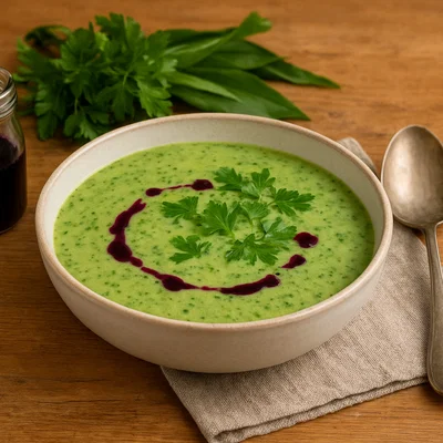 Wildkräutersuppe mit Heidelbeeröl