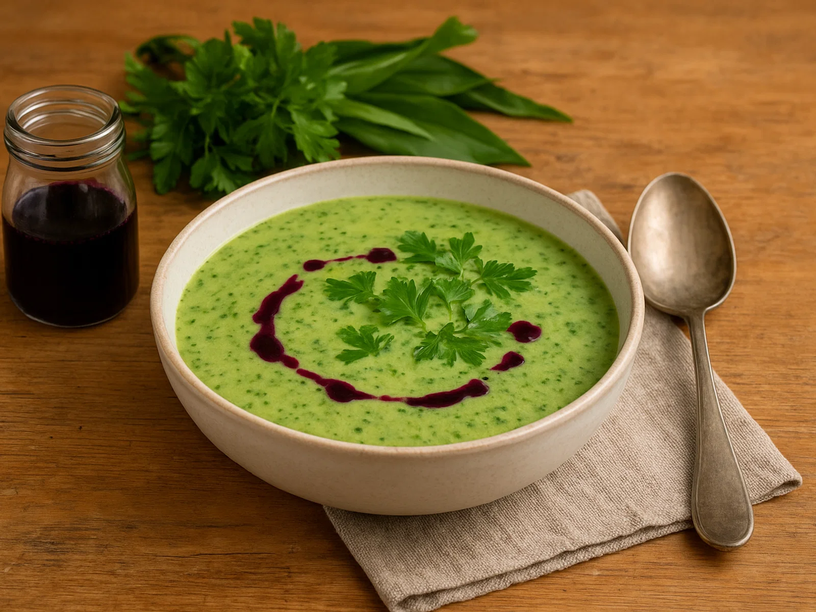 Wildkräutersuppe mit Heidelbeeröl