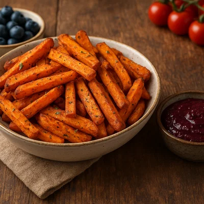 Süßkartoffel-Ofen-Pommes mit Heidelbeer-Ketchup