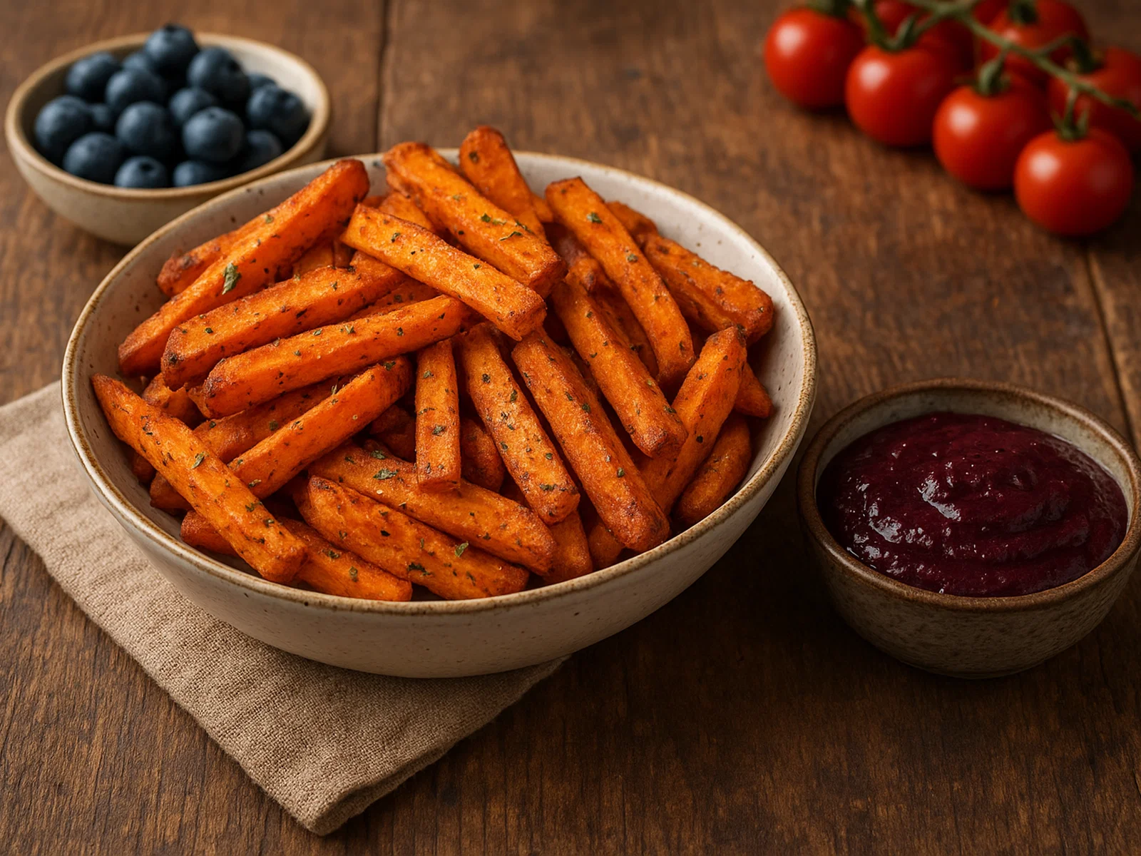 Süßkartoffel-Ofen-Pommes mit Heidelbeer-Ketchup