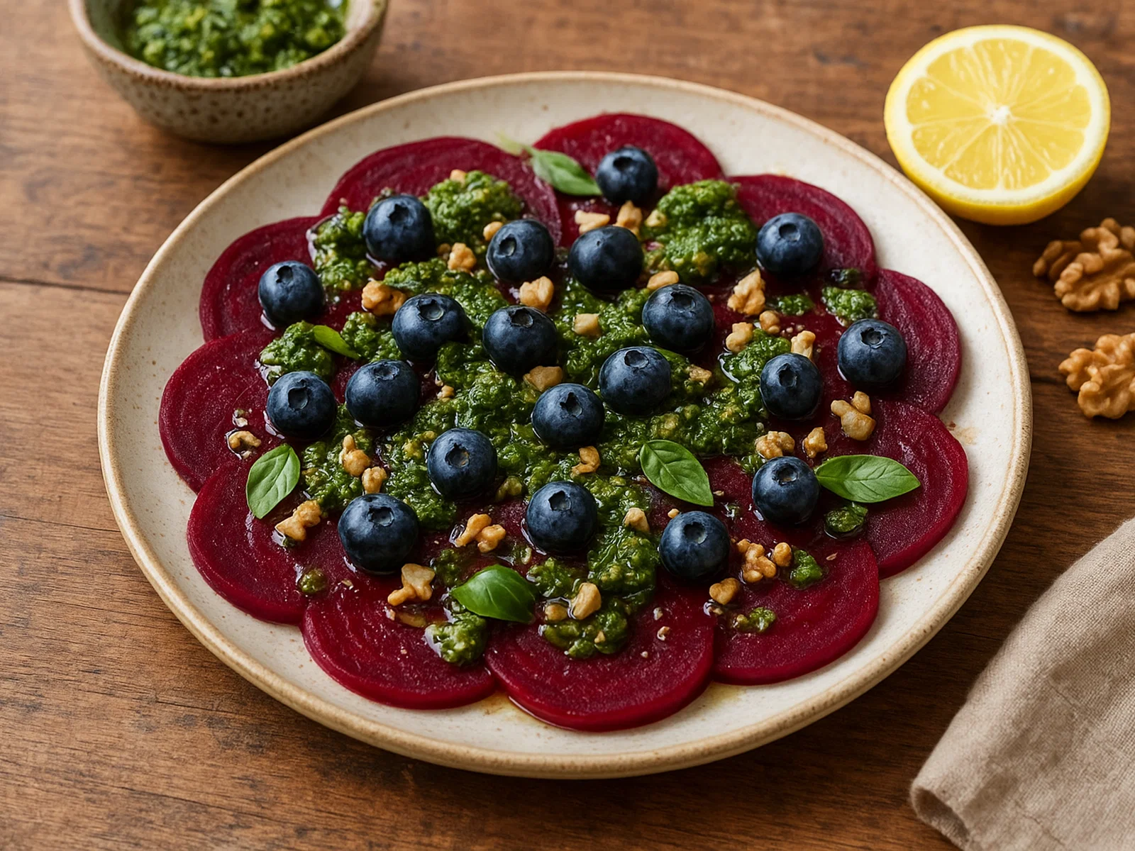 Rote-Bete-Carpaccio mit Heidelbeeren und Walnuss-Pesto