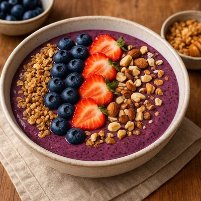 Heidelbeer-Buttermilch-Smoothie-Bowl mit knusprigem Granola