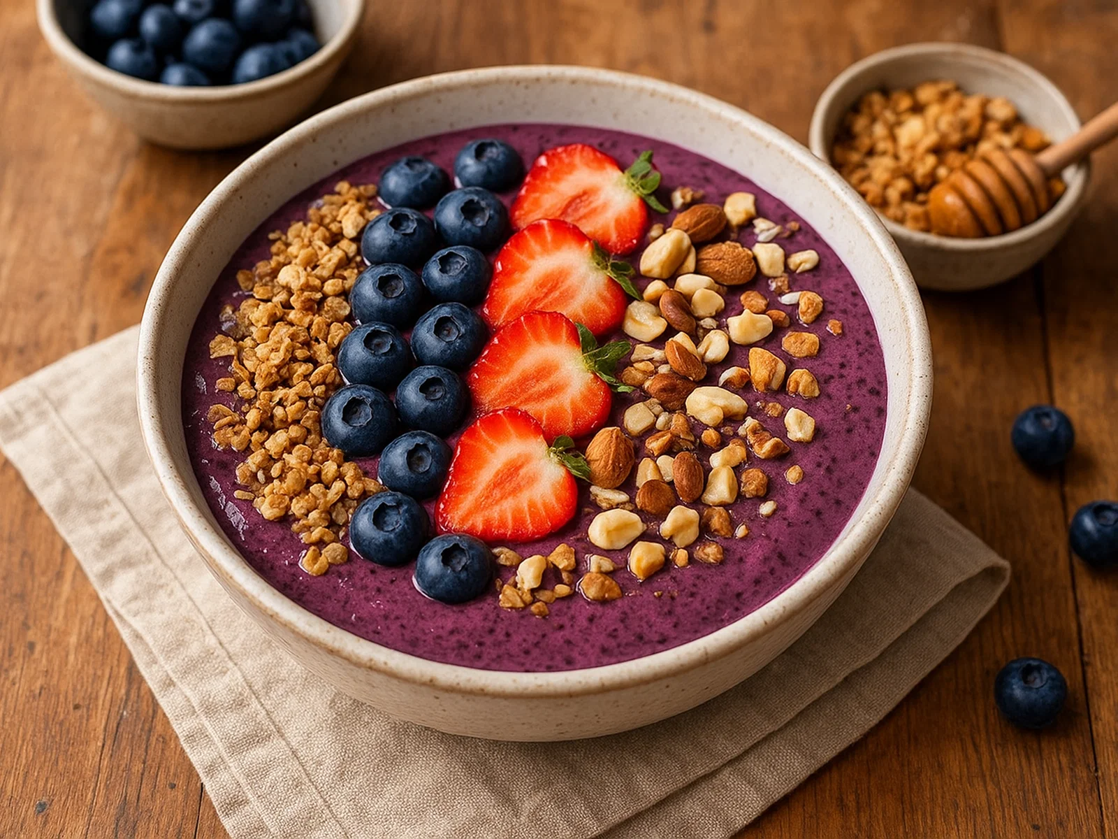 Heidelbeer-Buttermilch-Smoothie-Bowl mit knusprigem Granola