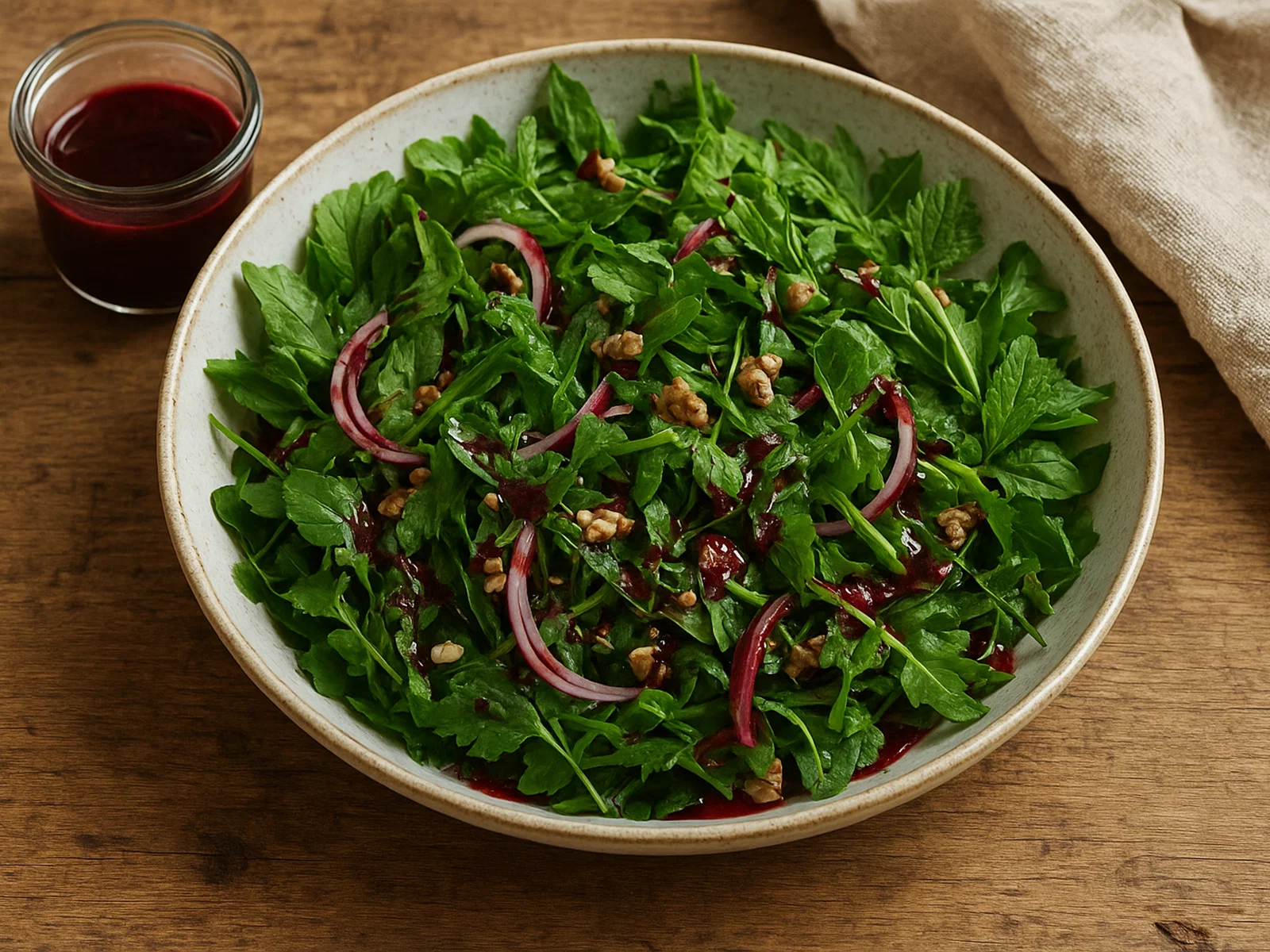 Wildkräutersalat mit schwarzer Johannisbeer‑Vinaigrette
