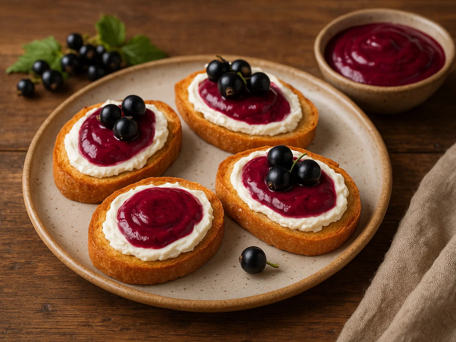 Frischkäse-Crostini mit schwarzem Johannisbeer-Curd