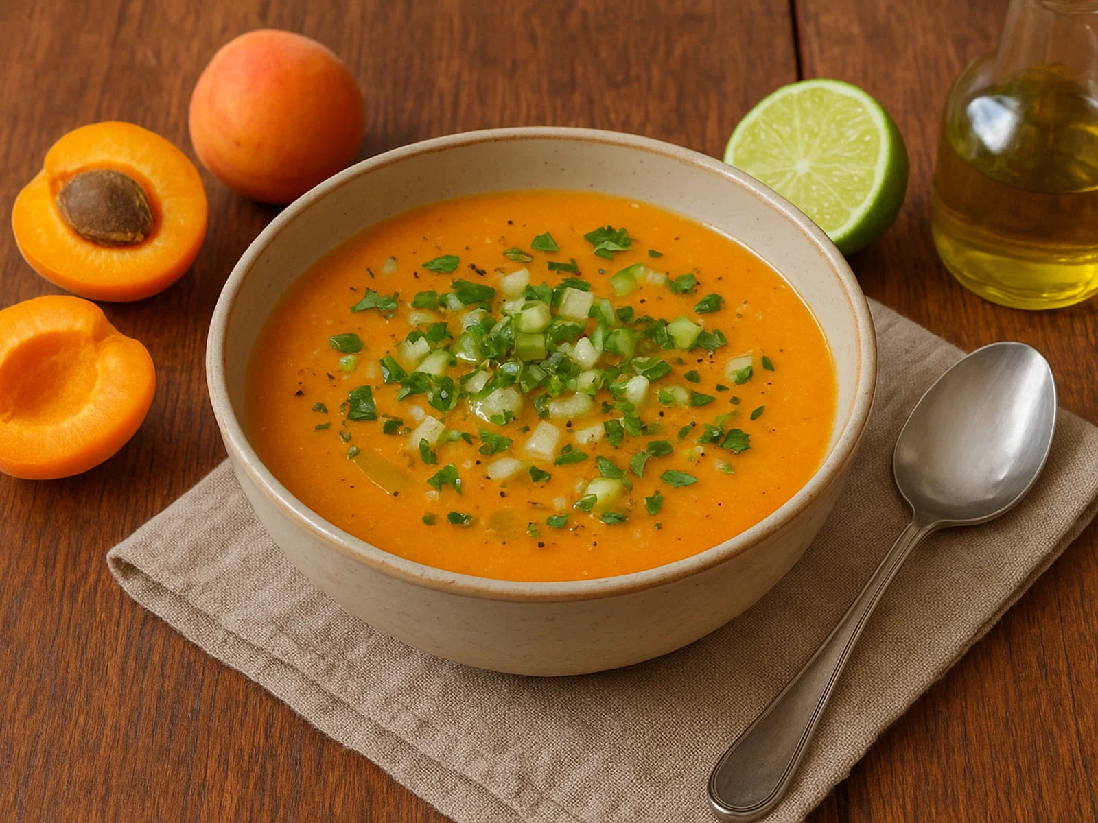 Kalte Aprikosen-Gazpacho mit Limettenöl