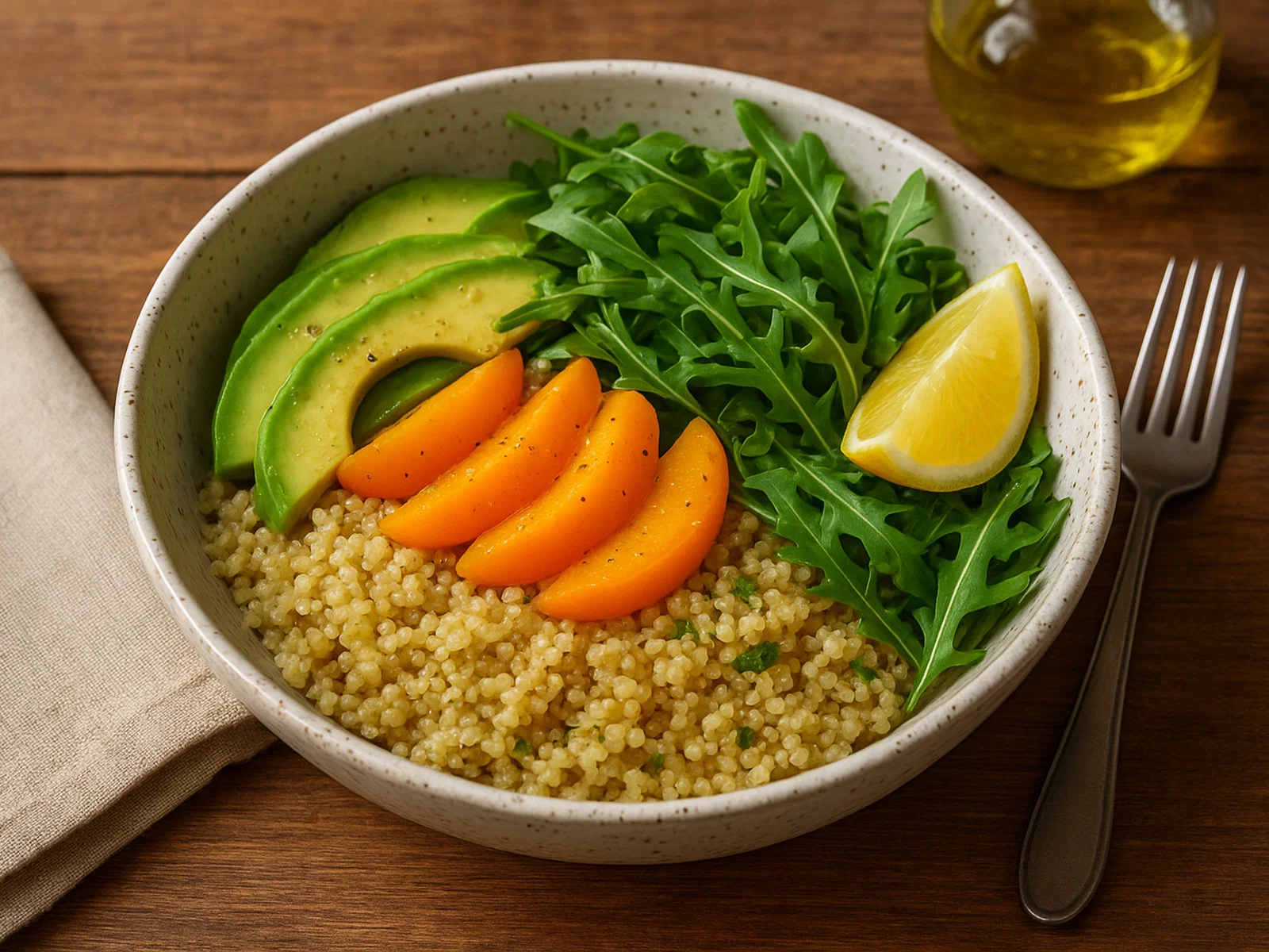 Quinoa-Bowl mit Aprikose, Avocado und Rucola