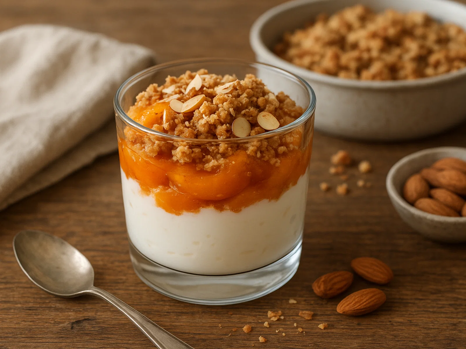 Griechischer Joghurt mit Aprikosen-Crumble und Mandeln