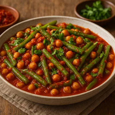 Orientalische grüne Bohnen mit Kichererbsen und Harissa