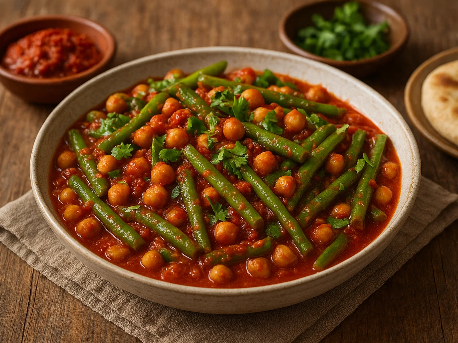 Orientalische grüne Bohnen mit Kichererbsen und Harissa