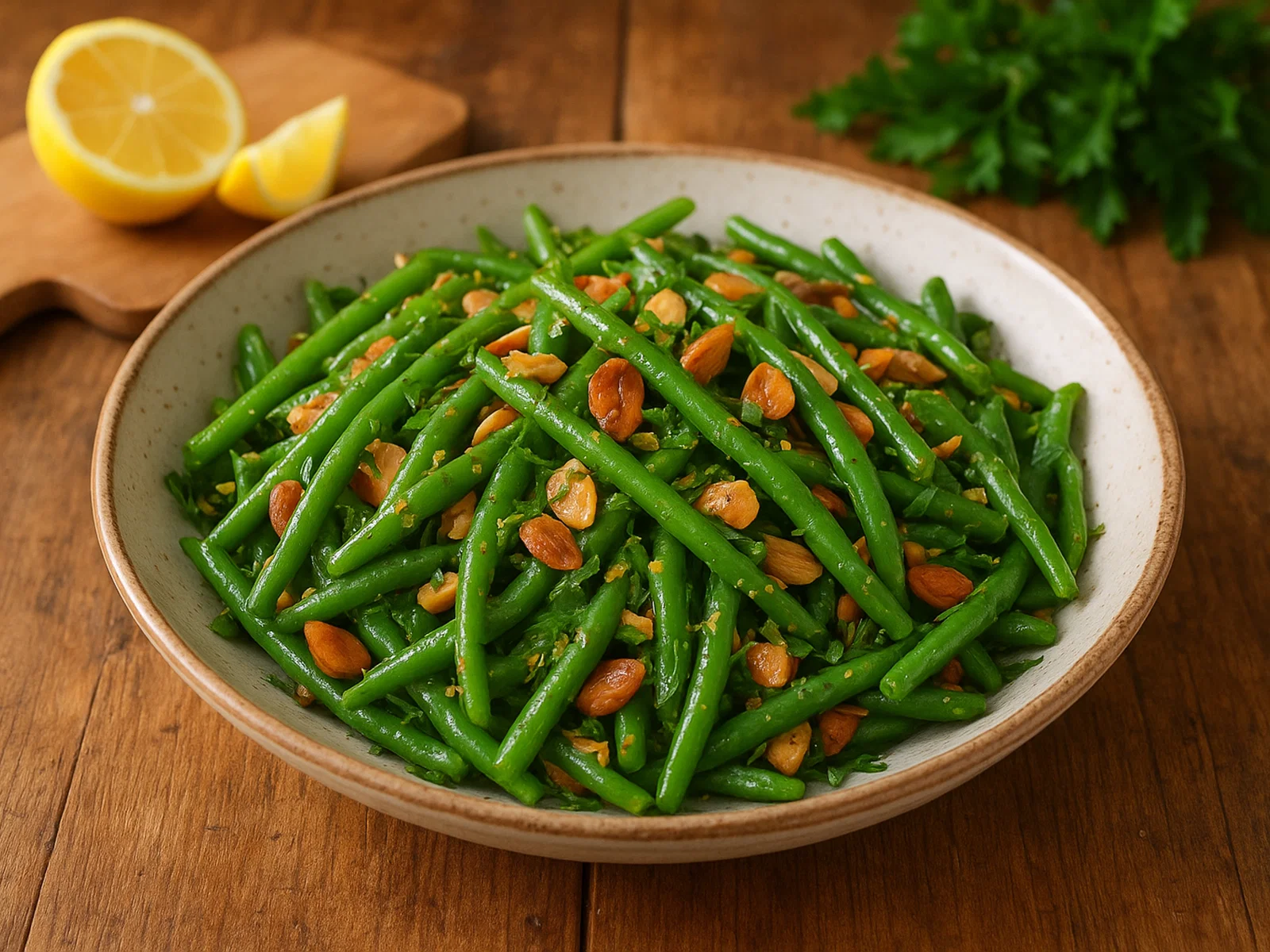 Grüne-Bohnen-Salat mit gerösteten Mandeln und Zitrus-Dressing