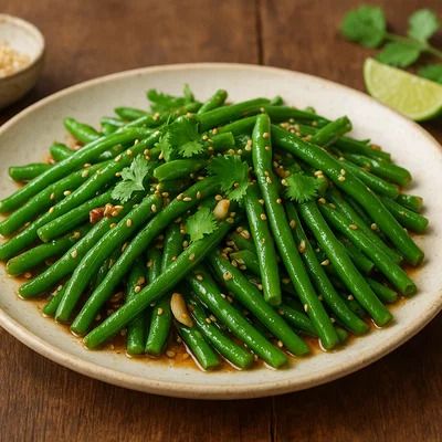 Gebratene grüne Bohnen mit Knoblauch, Sesam und frischem Koriander