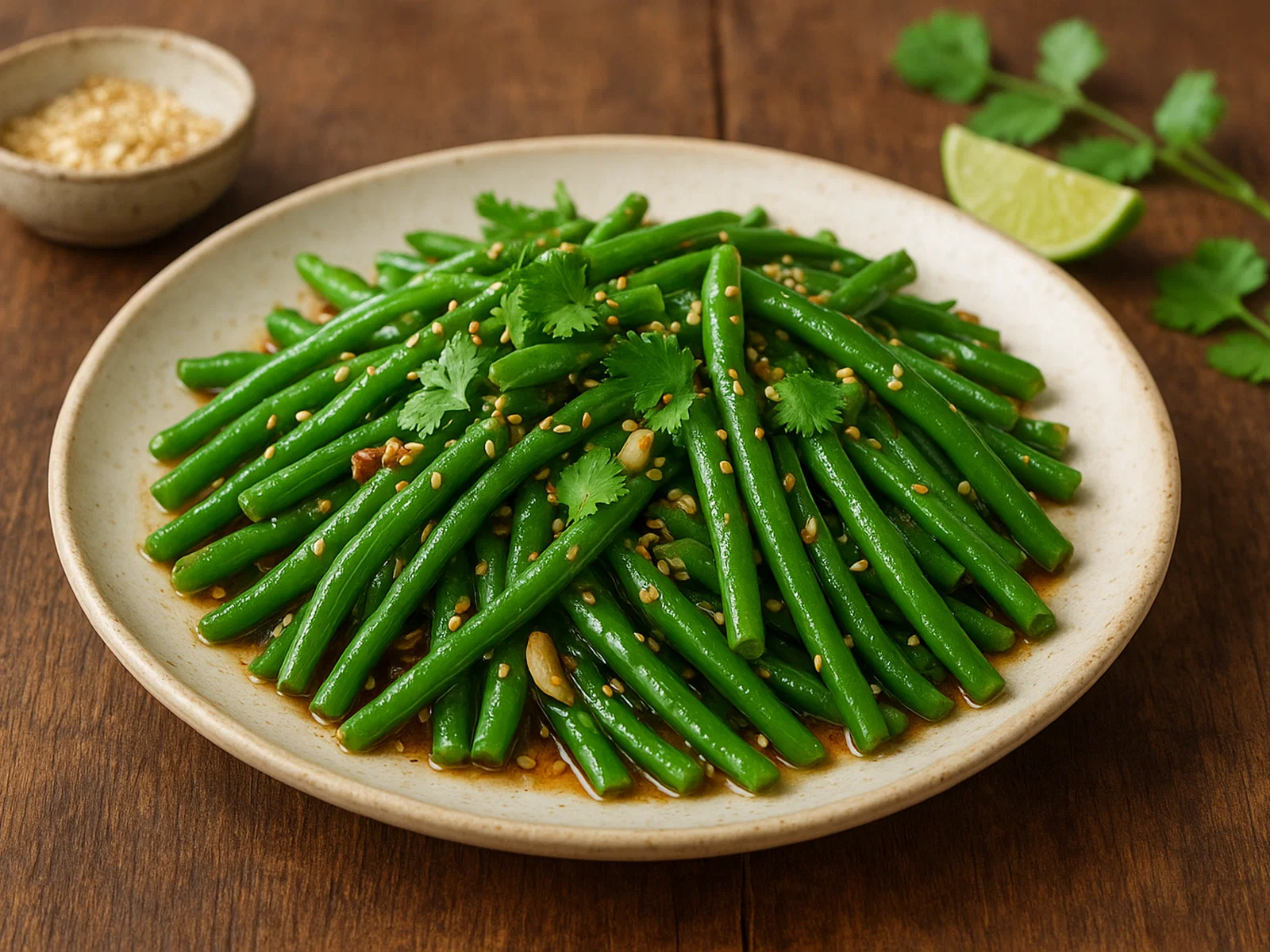 Gebratene grüne Bohnen mit Knoblauch, Sesam und frischem Koriander