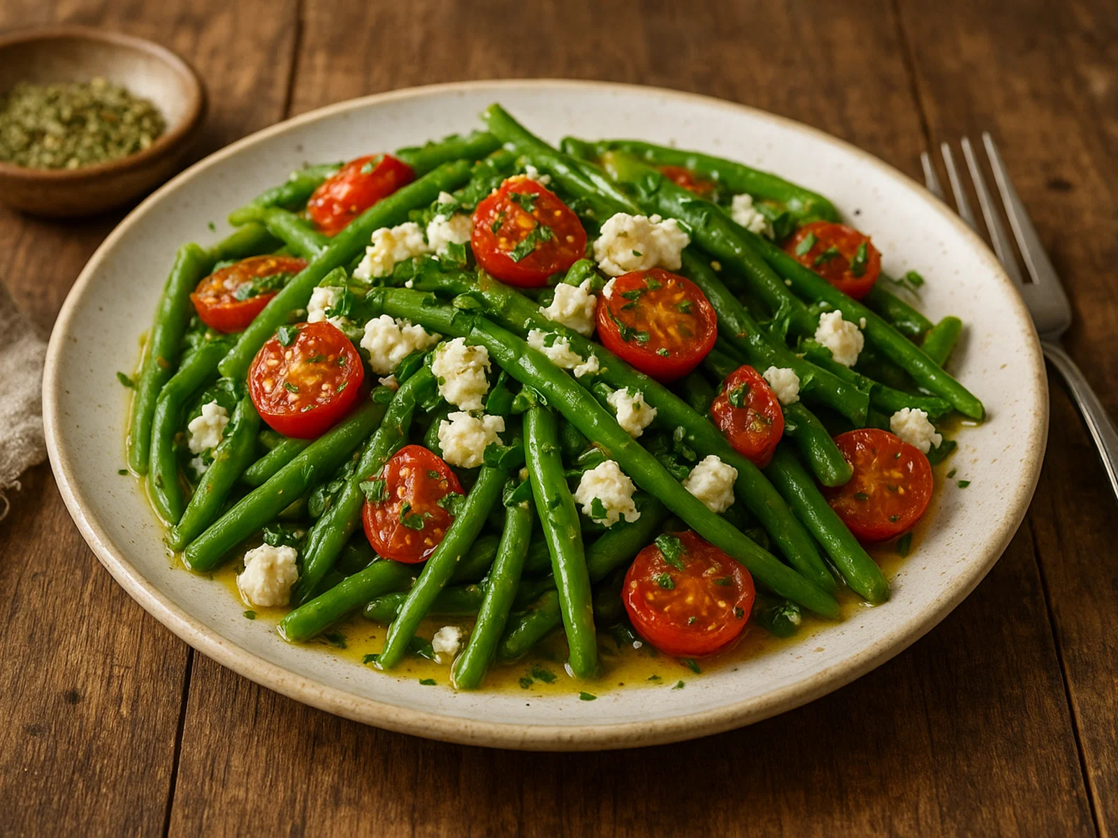 Mediterrane grüne Bohnen mit Tomaten und Feta