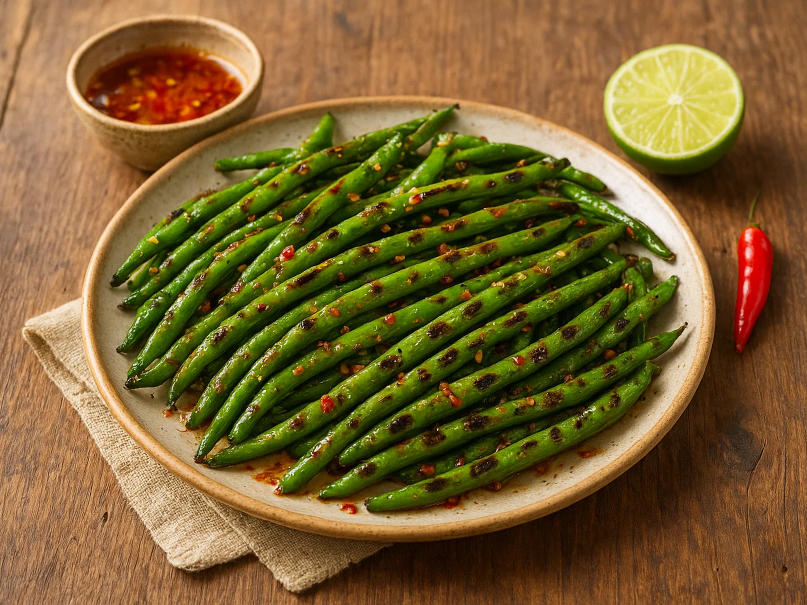 Gegrillte grüne Bohnen mit Chili-Limetten-Marinade