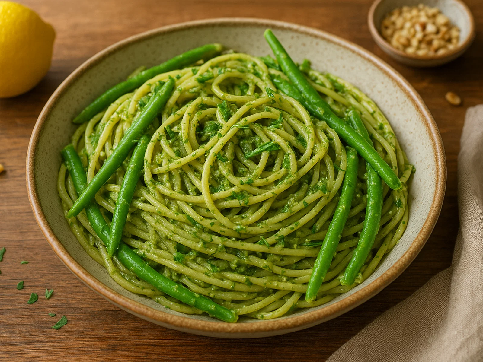 Vegane grüne Bohnen-Pesto-Pasta