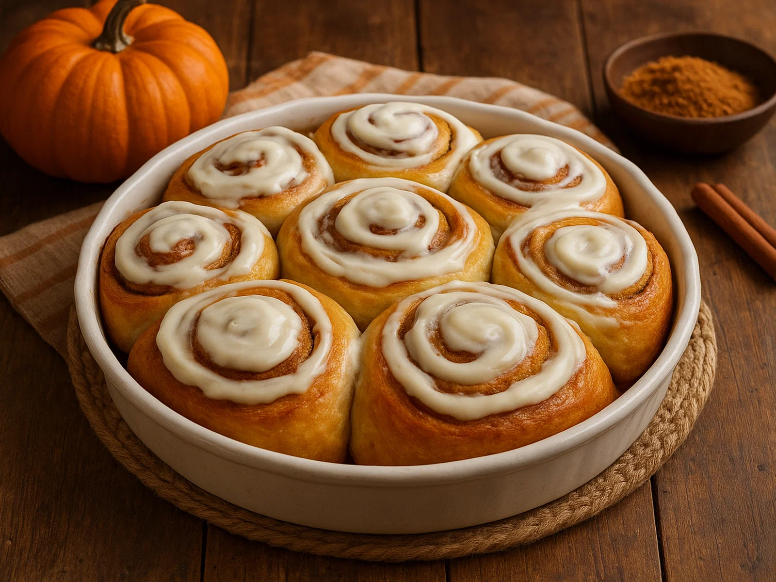 Pumpkin Spice Zimtschnecken mit Frischkäse-Glasur