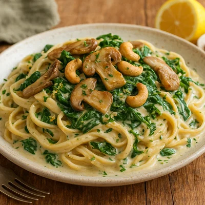 Cremige Austernpilz-Pasta mit Spinat und Cashew-Sahnesauce