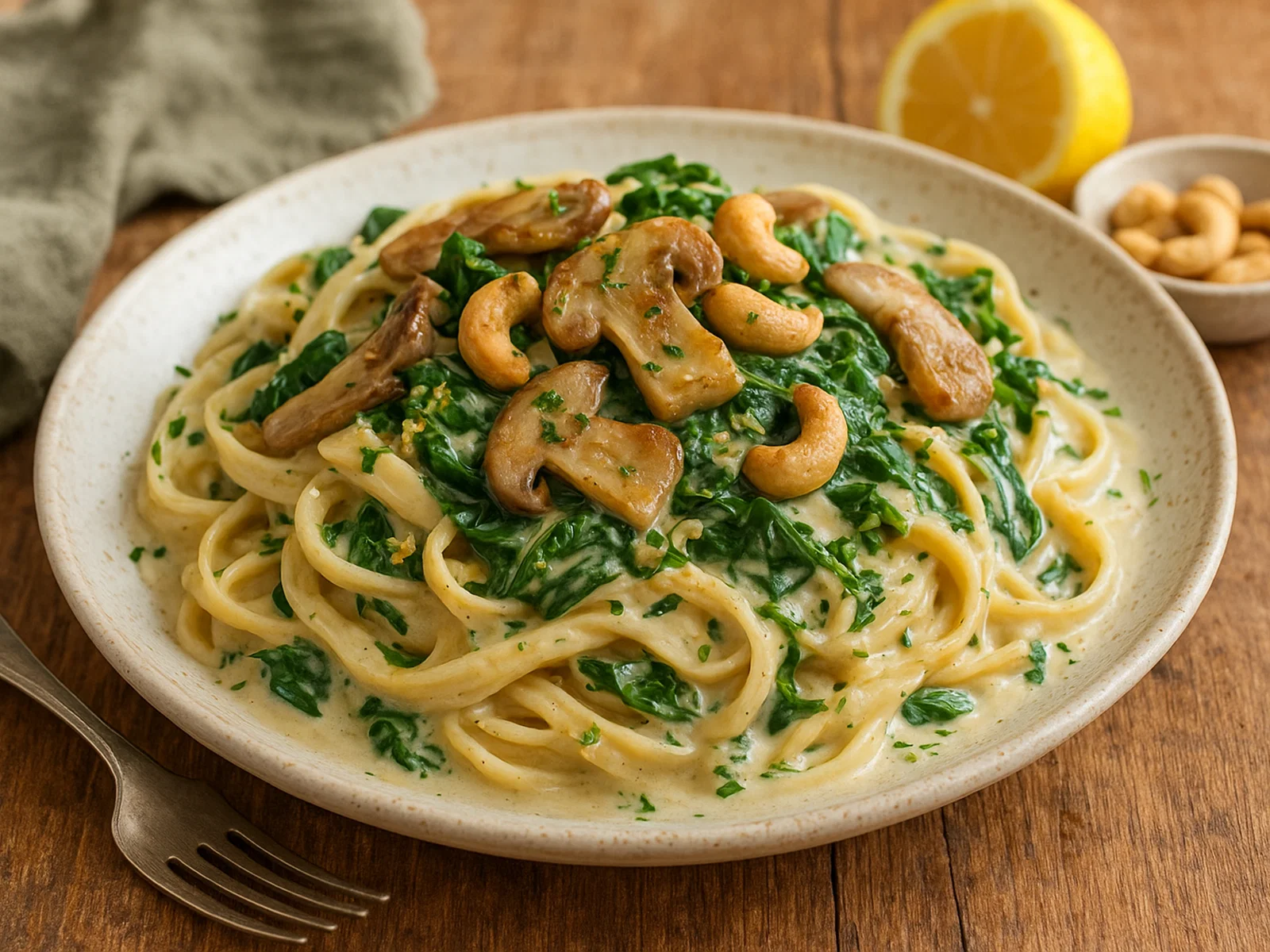 Cremige Austernpilz-Pasta mit Spinat und Cashew-Sahnesauce
