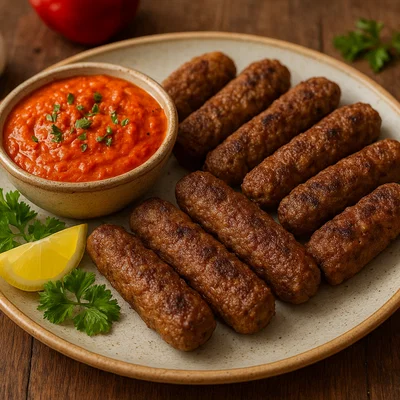 Vegane Austernpilz-Cevapcici mit Ajvar-Dip