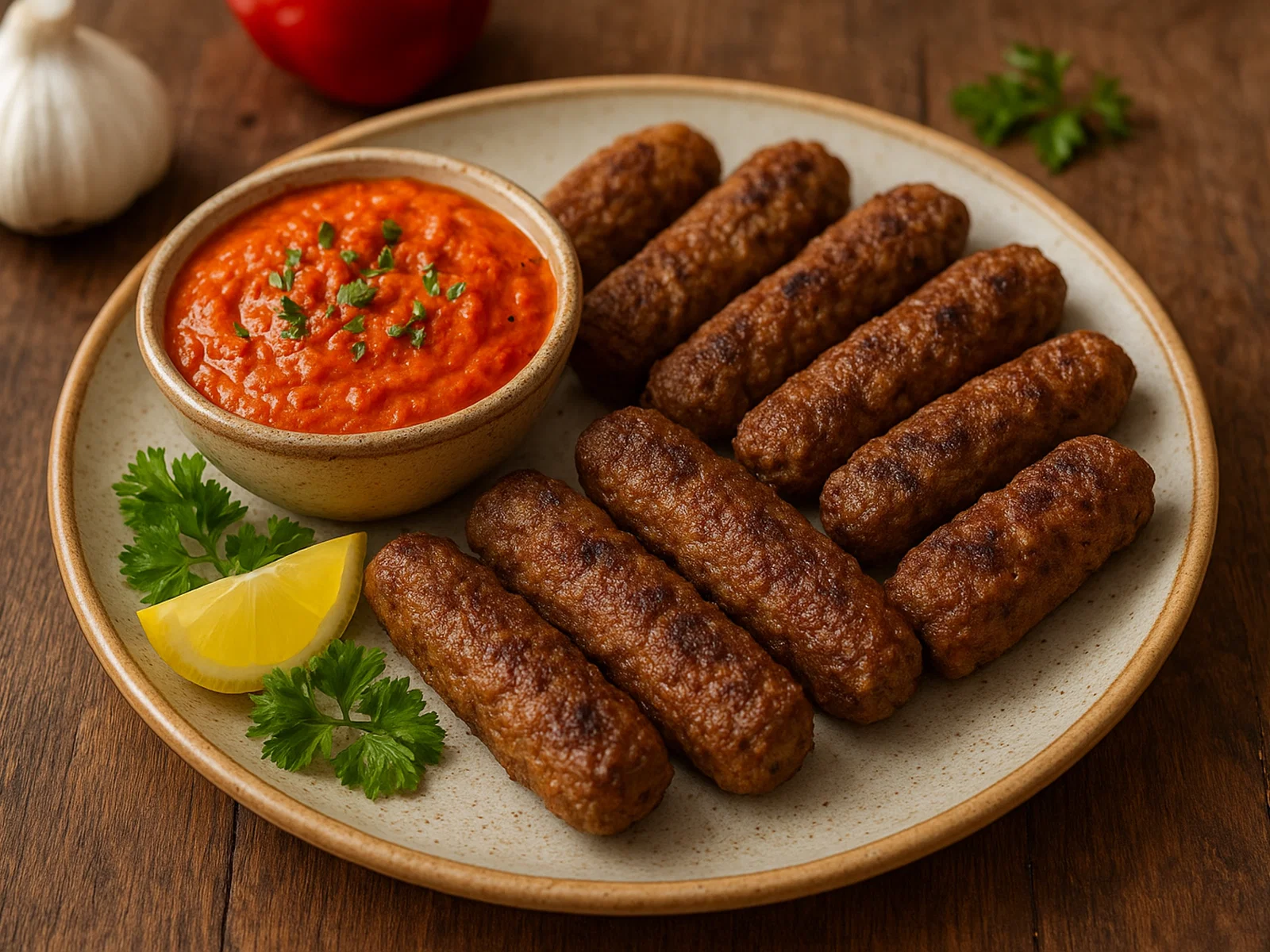 Vegane Austernpilz-Cevapcici mit Ajvar-Dip