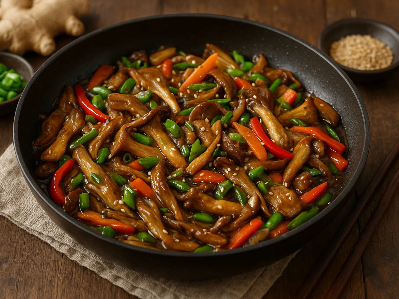 Asiatische Austernpilz-Pfanne mit Soja-Ingwer-Sauce