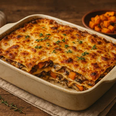 Austernpilz-Lasagne mit Kürbis und veganer Béchamel