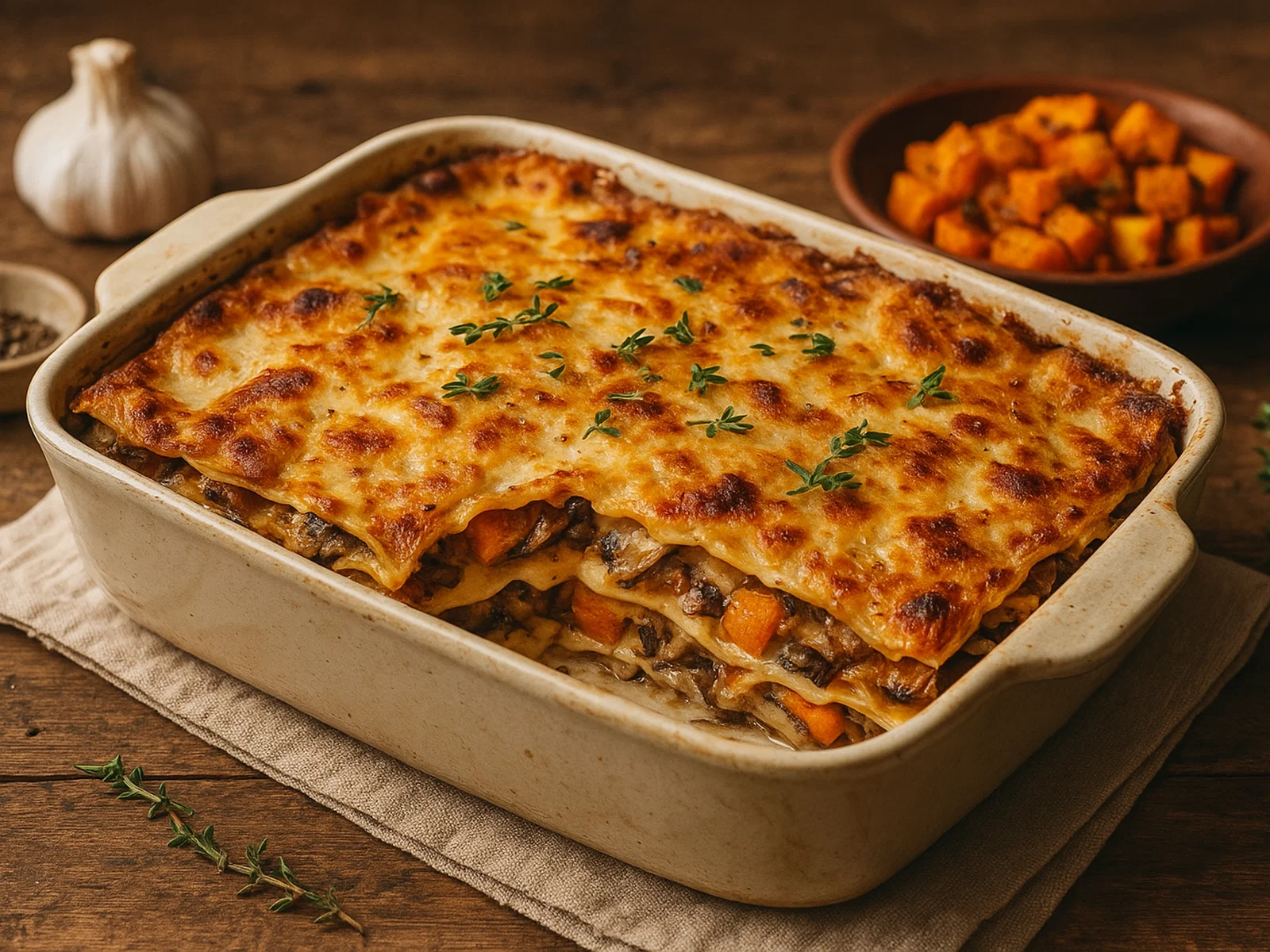 Austernpilz-Lasagne mit Kürbis und veganer Béchamel