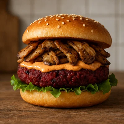 Austernpilz-Burger mit Rote-Bete-Pattie und BBQ-Mayo