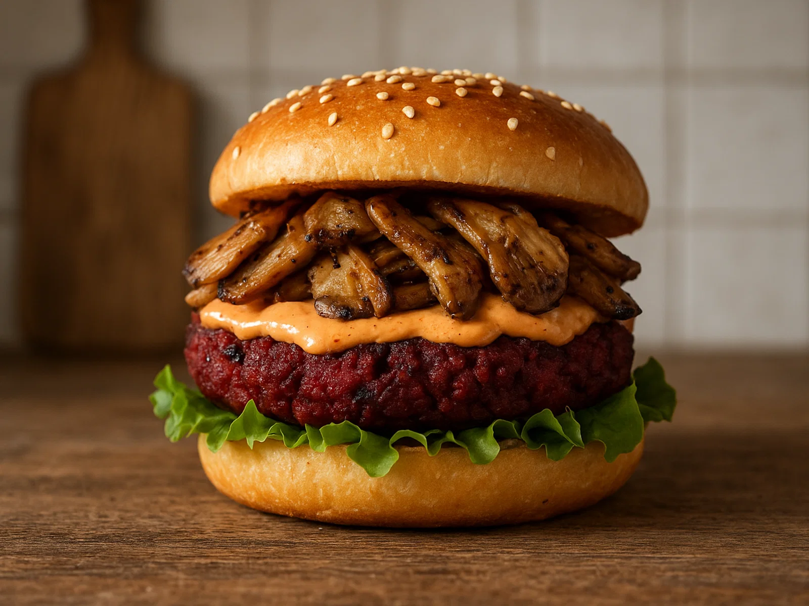 Austernpilz-Burger mit Rote-Bete-Pattie und BBQ-Mayo