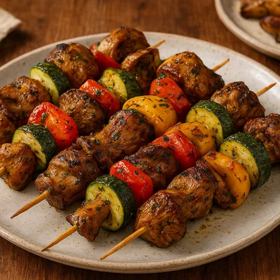 Austernpilz-Schaschlik mit Paprika und Zucchini vom Grill