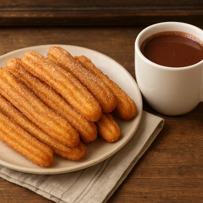 Klassische Churros mit Zimt-Zucker und heißer Trinkschokolade