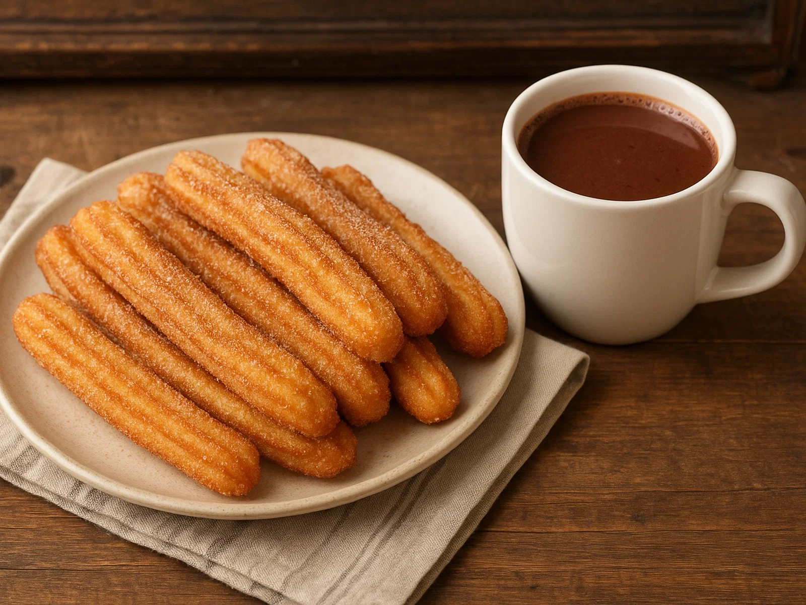 Klassische Churros mit Zimt-Zucker und heißer Trinkschokolade