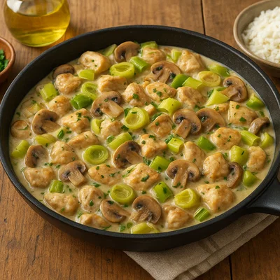 Cremige Hähnchen-Lauch-Pfanne mit Champignons