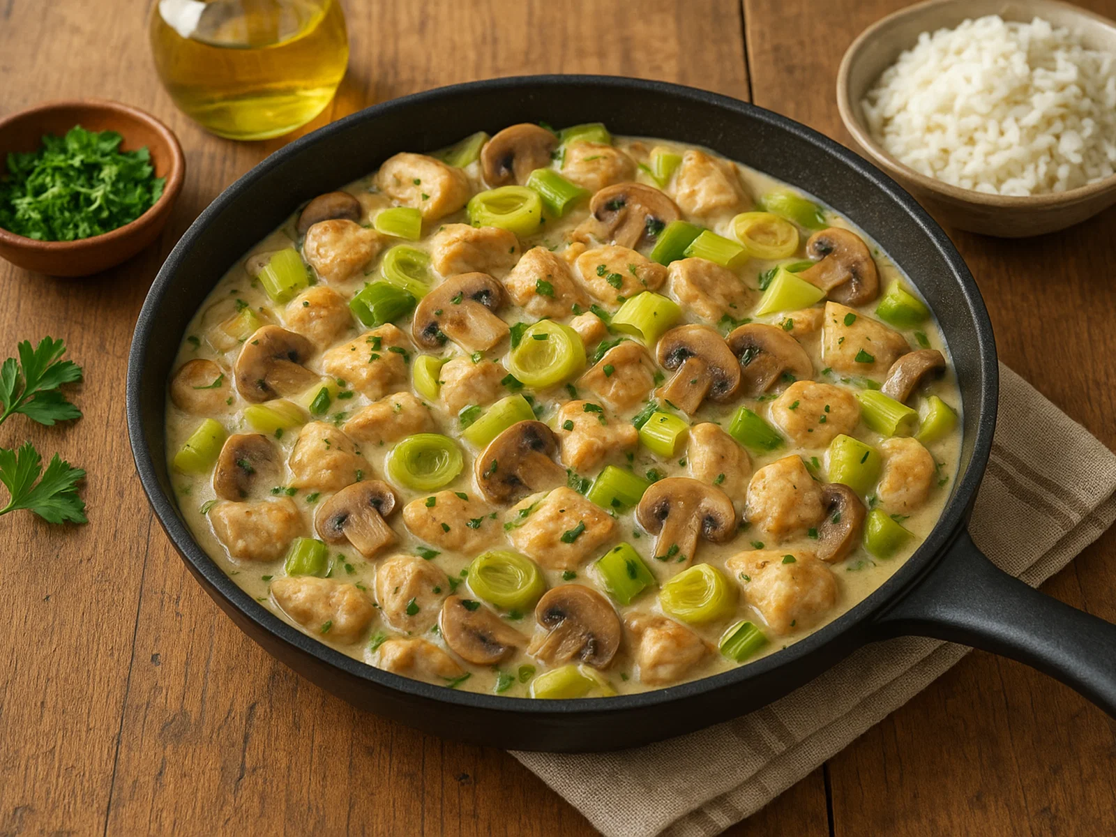 Cremige Hähnchen-Lauch-Pfanne mit Champignons