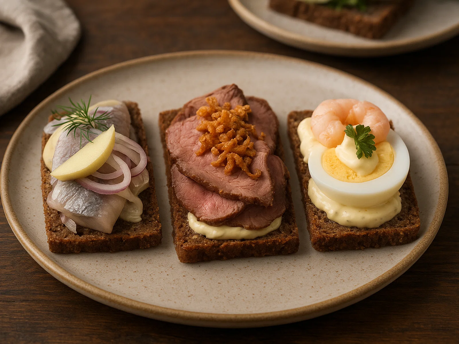 Klassisches dänisches Smørrebrød – 3 Beläge auf Roggenbrot