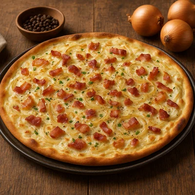 Klassischer Elsässer Flammkuchen mit Speck und Zwiebeln