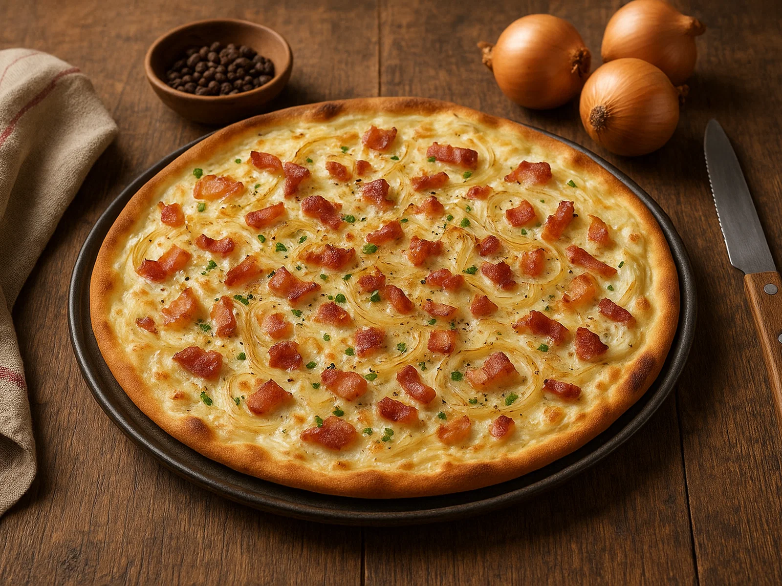 Klassischer Elsässer Flammkuchen mit Speck und Zwiebeln