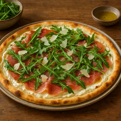 Mediterraner Flammkuchen mit Prosciutto, Rucola und Parmesan