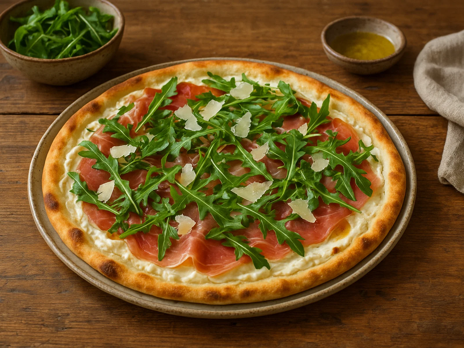 Mediterraner Flammkuchen mit Prosciutto, Rucola und Parmesan