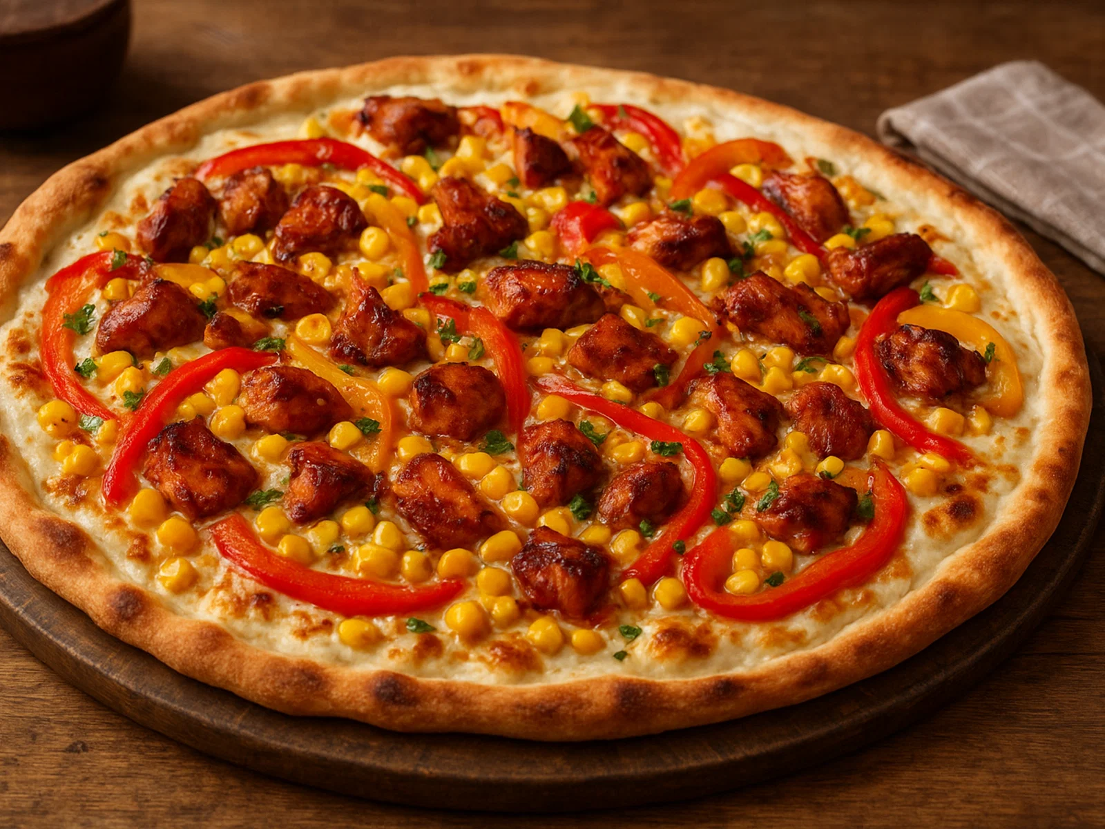 BBQ-Hähnchen-Flammkuchen mit Paprika und Mais