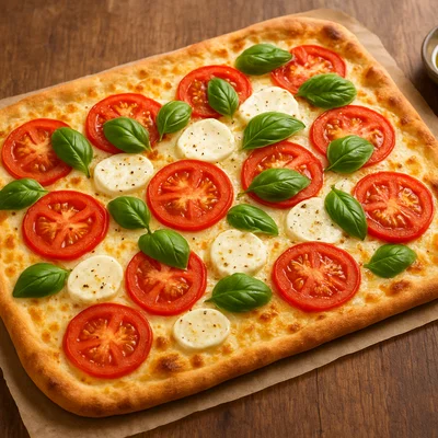 Caprese-Flammkuchen mit Tomate, Mozzarella und Basilikum