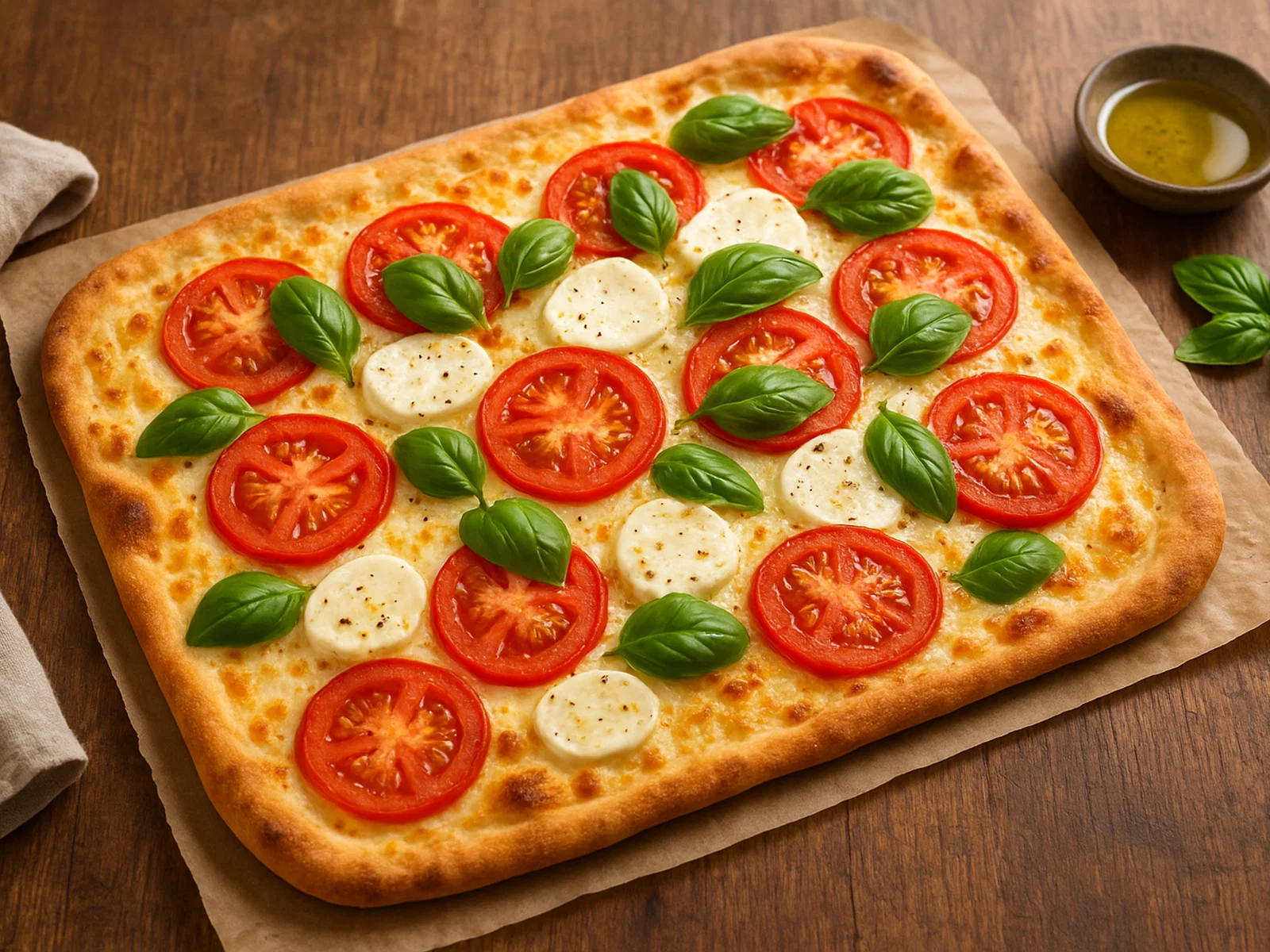 Caprese-Flammkuchen mit Tomate, Mozzarella und Basilikum