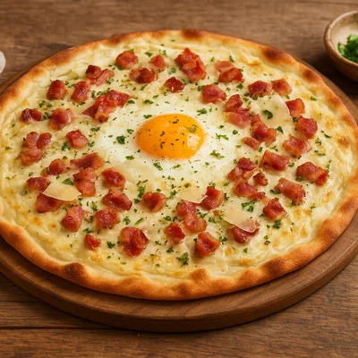 Carbonara-Flammkuchen mit Ei und Pancetta
