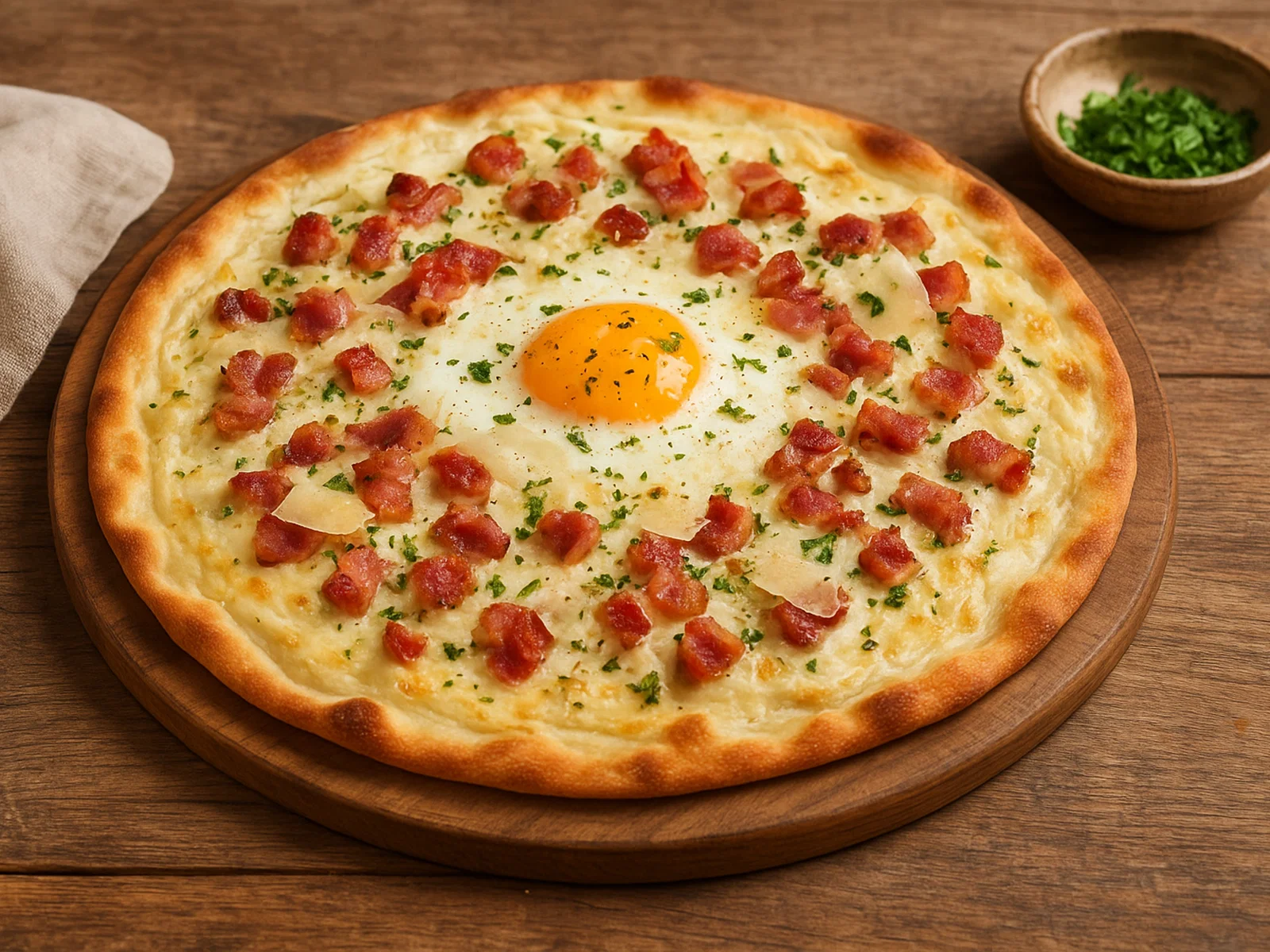 Carbonara-Flammkuchen mit Ei und Pancetta