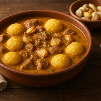 Schweinefleisch-Bori Bori mit geröstetem Knoblauch